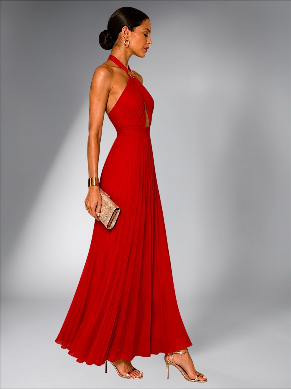 Zara Red Halter Maxi Dress with Keyhole Detail - Picture 2 of 12
